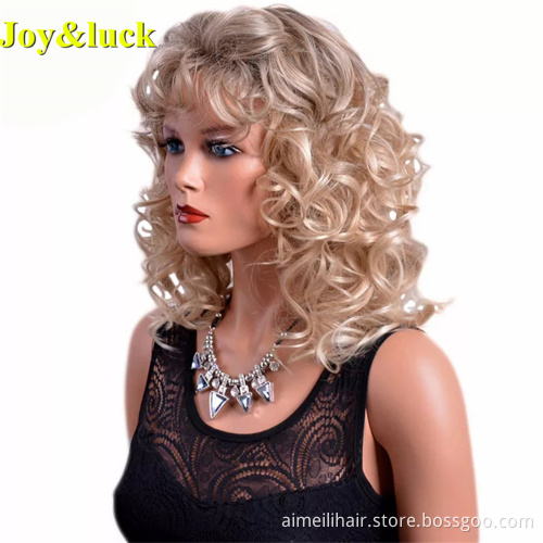 Wholesale Prices Daily Use Wig With Bangs For Women Shoulder Length Ladies Party Brown Color Natural Curly Synthetic Hair Wigs